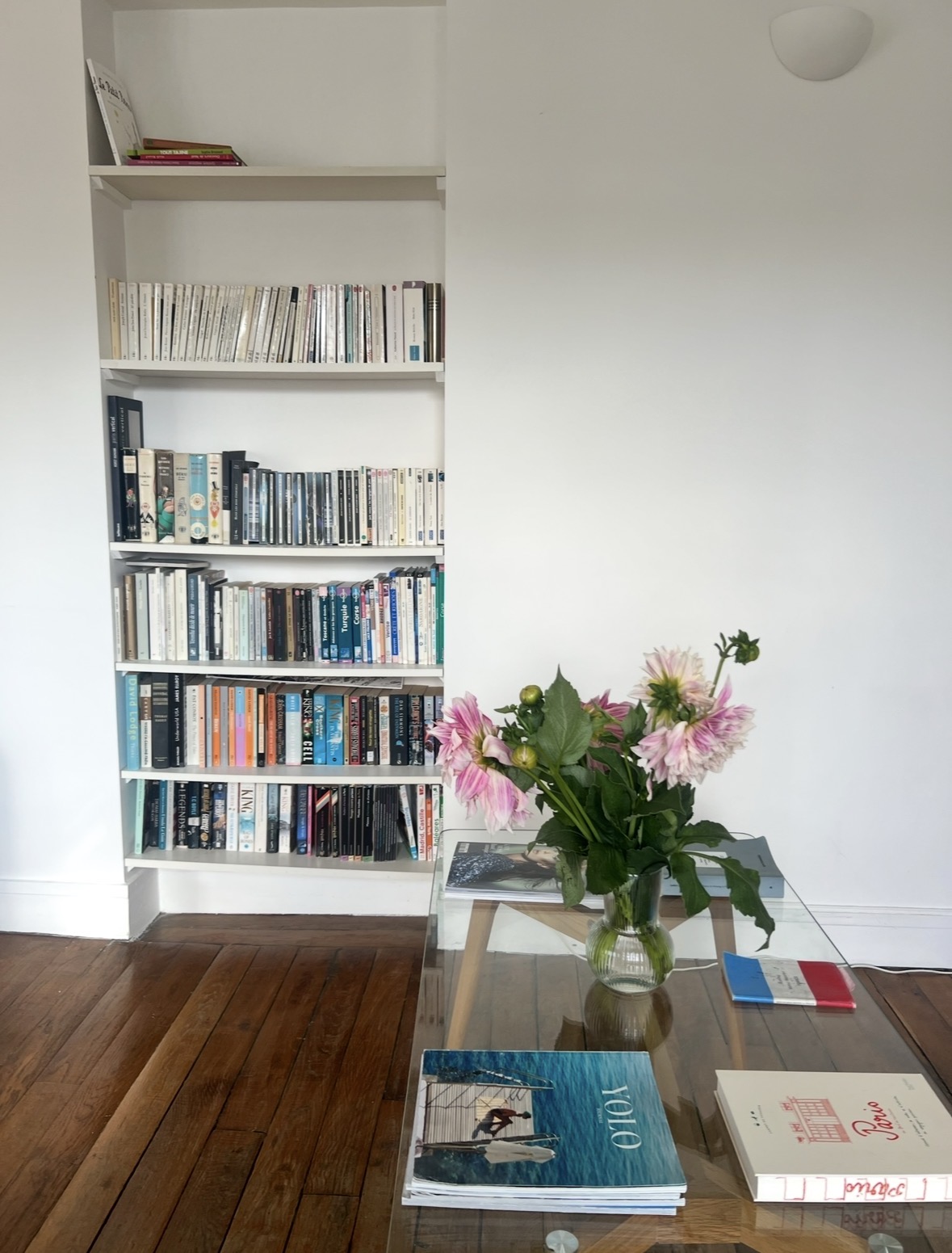 A sunlit room with bookshelves, flowers, and art books